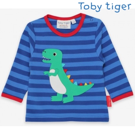 Toby tiger - Bio Kinder Langarmshirt mit T-Rex-Dino-Applikation und Streifen