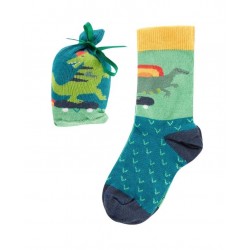 frugi - Kinder Strümpfe "Super Socks" mit Dino und Bäumen im dekorativen Beutel