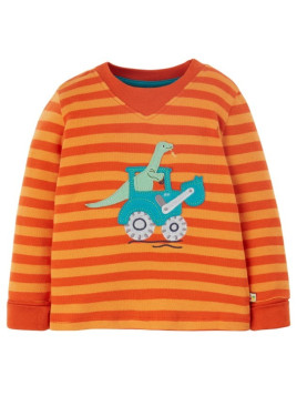frugi - Bio Baby Langarmshirt "Easy on Top" mit Traktor und Dino-Applikation und Streifen
