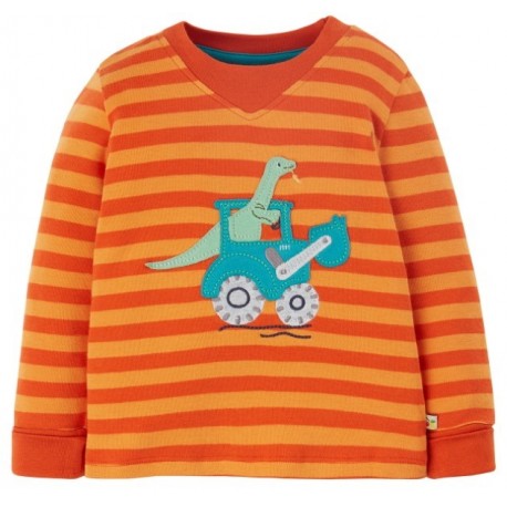 frugi - Bio Baby Langarmshirt "Easy on Top" mit Traktor und Dino-Applikation und Streifen