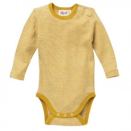 People Wear Organic - Bio Baby Body langarm mit Streifen Wolle/Seide, gelb