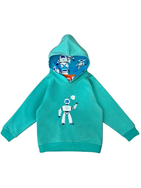 Curious Stories - Bio Kinder Sweatshirt mit Kapuze und Roboter-Druck