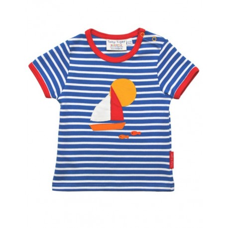 Toby tiger - Bio Kinder T-Shirt mit Segelboot-Applikation und Streifen