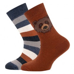 Ewers - Bio Kinder Socken Doppelpack mit Bären-Motiv und Streifen, braun