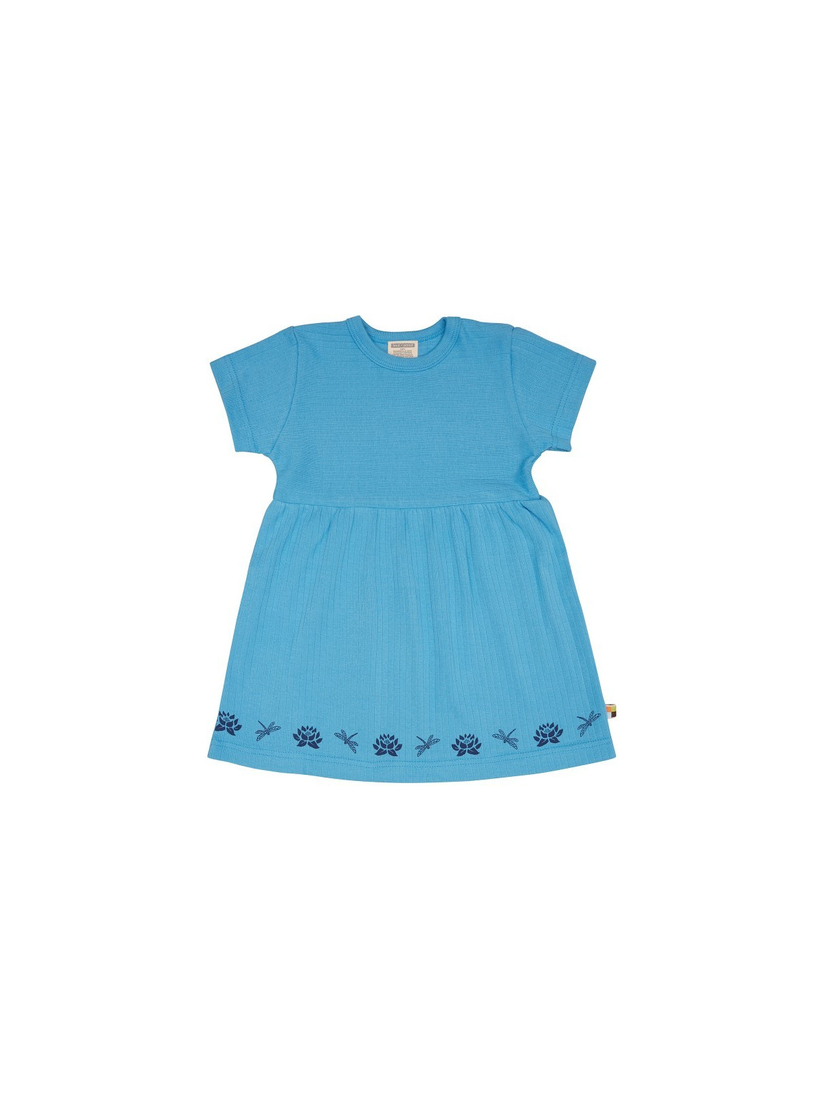 loud + proud - Bio Kinder Kleid kurzarm Derby Rib mit Libellen und Seerosen-Druck, blau