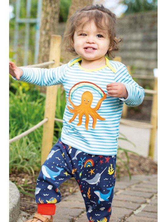 frugi - Bio Kinder Langarmshirt "Bobby Applique" mit Oktopus-Applikation und Streifen