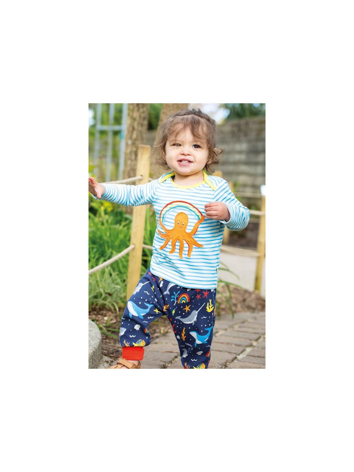frugi - Bio Kinder Langarmshirt "Bobby Applique" mit Oktopus-Applikation und Streifen