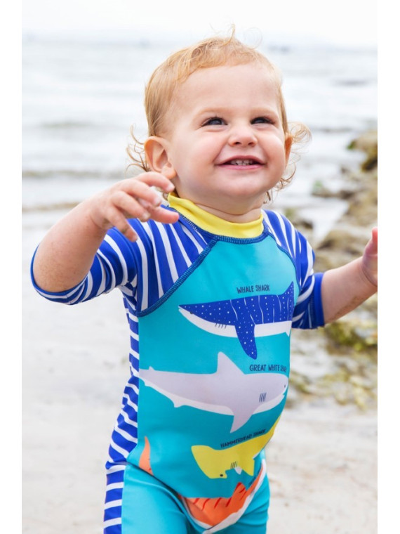 frugi - Baby Schwimmanzug "Little Sun" mit Hai-Motiv und Streifen, UPF 50+