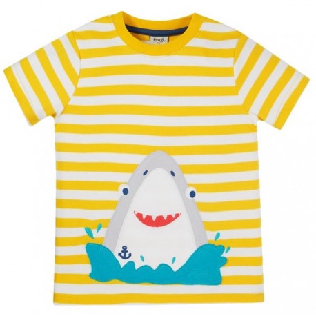 frugi - Bio Kinder T-Shirt "Sid" mit Hai-Applikation und Streifen