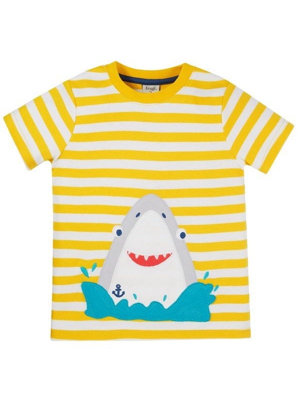 frugi - Bio Kinder T-Shirt "Sid" mit Hai-Applikation und Streifen