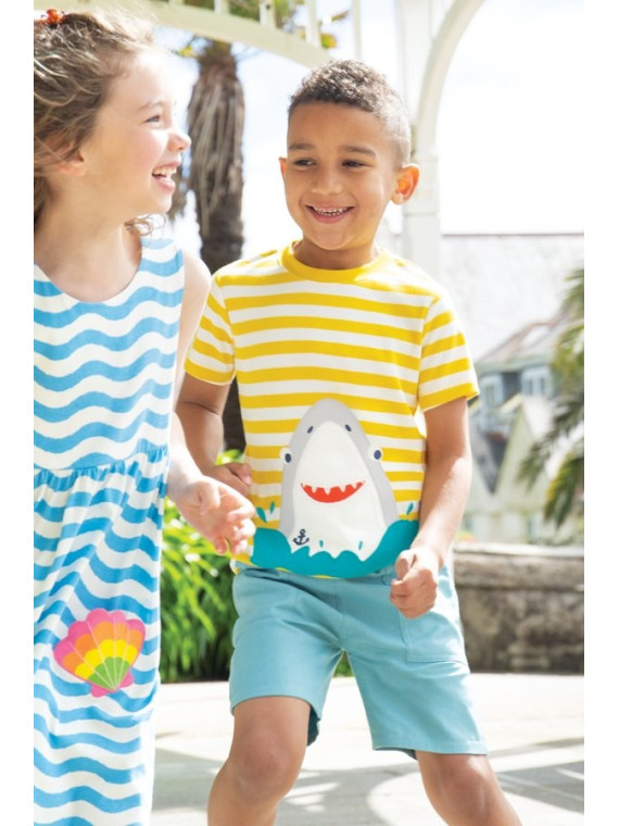 frugi - Bio Kinder T-Shirt "Sid" mit Hai-Applikation und Streifen