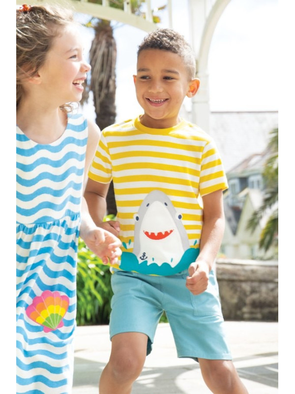 frugi - Bio Kinder T-Shirt "Sid" mit Hai-Applikation und Streifen