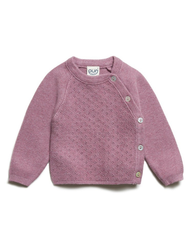puri organic - Bio Baby Krausstrick Wickeljacke mit  Perlmutt-Knöpfen, Baumwolle/Seide, pflaume