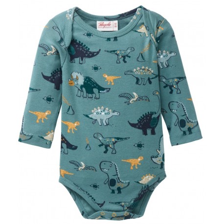 People Wear Organic - Bio Baby Body langarm mit Dinosaurier-Allover, eukalyptus