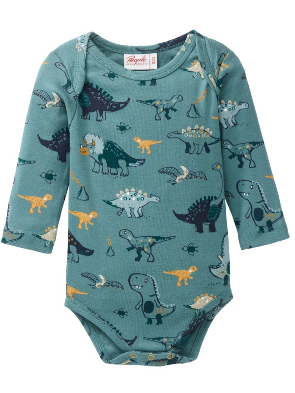People Wear Organic - Bio Baby Body langarm mit Dinosaurier-Allover, eukalyptus