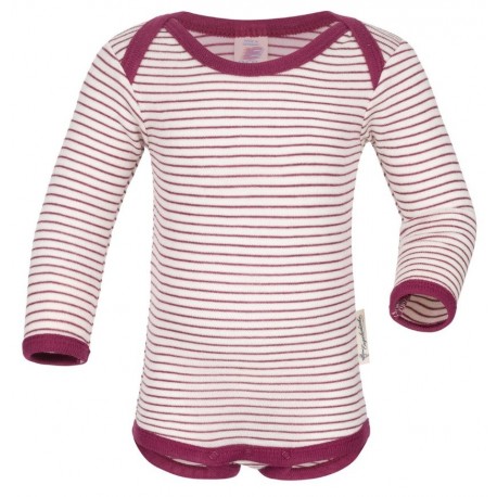 ENGEL - Bio Baby Body langarm gestreift, Wolle/Seide, natur/orchidee