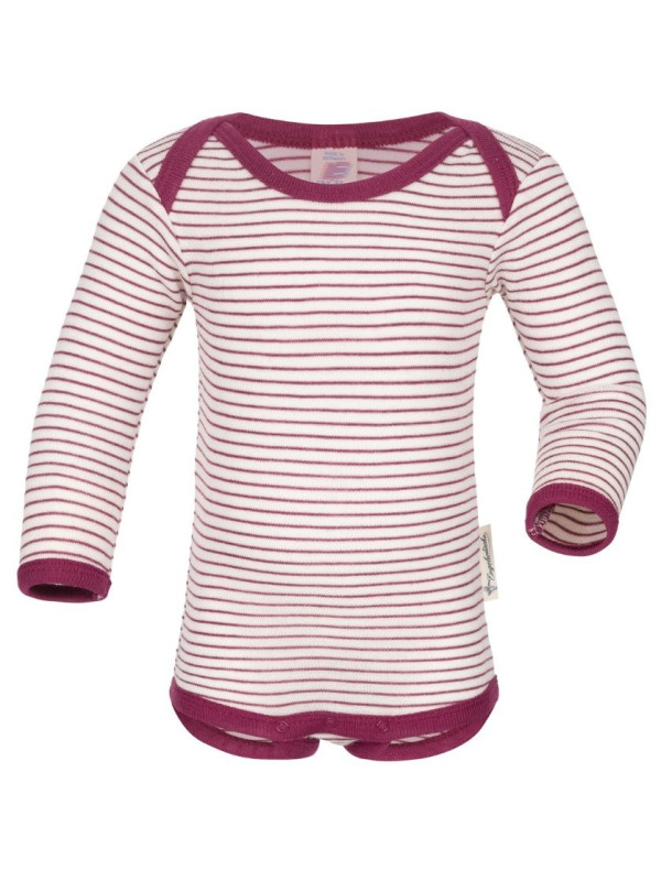 ENGEL - Bio Baby Body langarm gestreift, Wolle/Seide, natur/orchidee