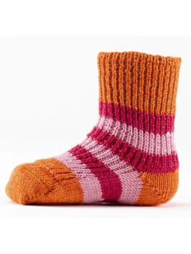 HIRSCH NATUR- Bio Kinder Socken gestreift, Wolle, orange/himbeere/rosa