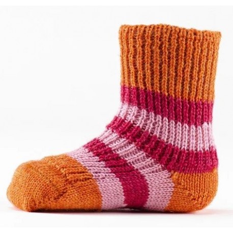 HIRSCH NATUR- Bio Kinder Socken gestreift, Wolle, orange/himbeere/rosa