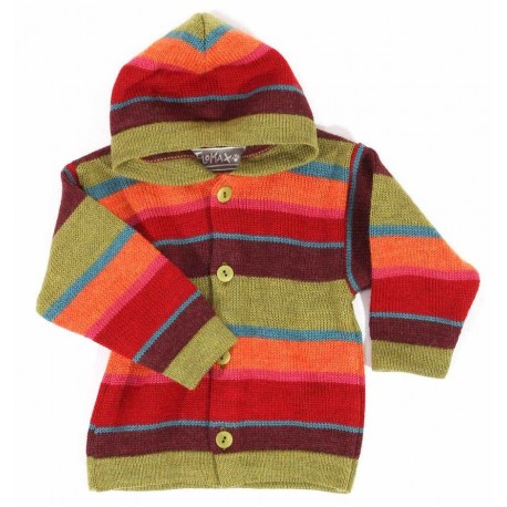 FLOMAX - Bio Kinder Jacke mit Kapuze und Streifen, Wolle, farn/bunt