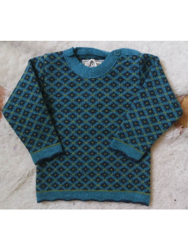 FLOMAX - Bio Kinder Pullover mit Muster, Wolle, türkis/nachtblau