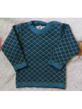 FLOMAX - Bio Kinder Pullover mit Muster, Wolle, türkis/nachtblau