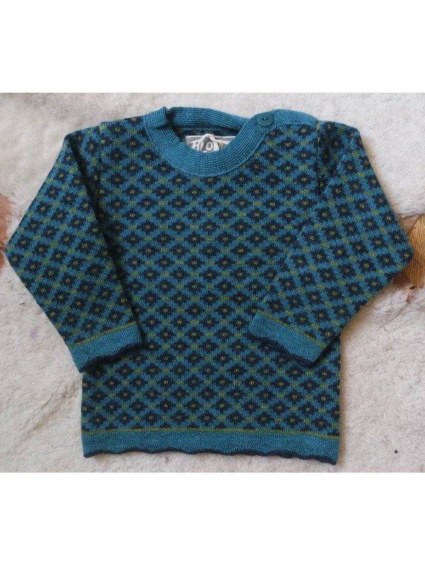 FLOMAX - Bio Kinder Pullover mit Muster, Wolle, türkis/nachtblau