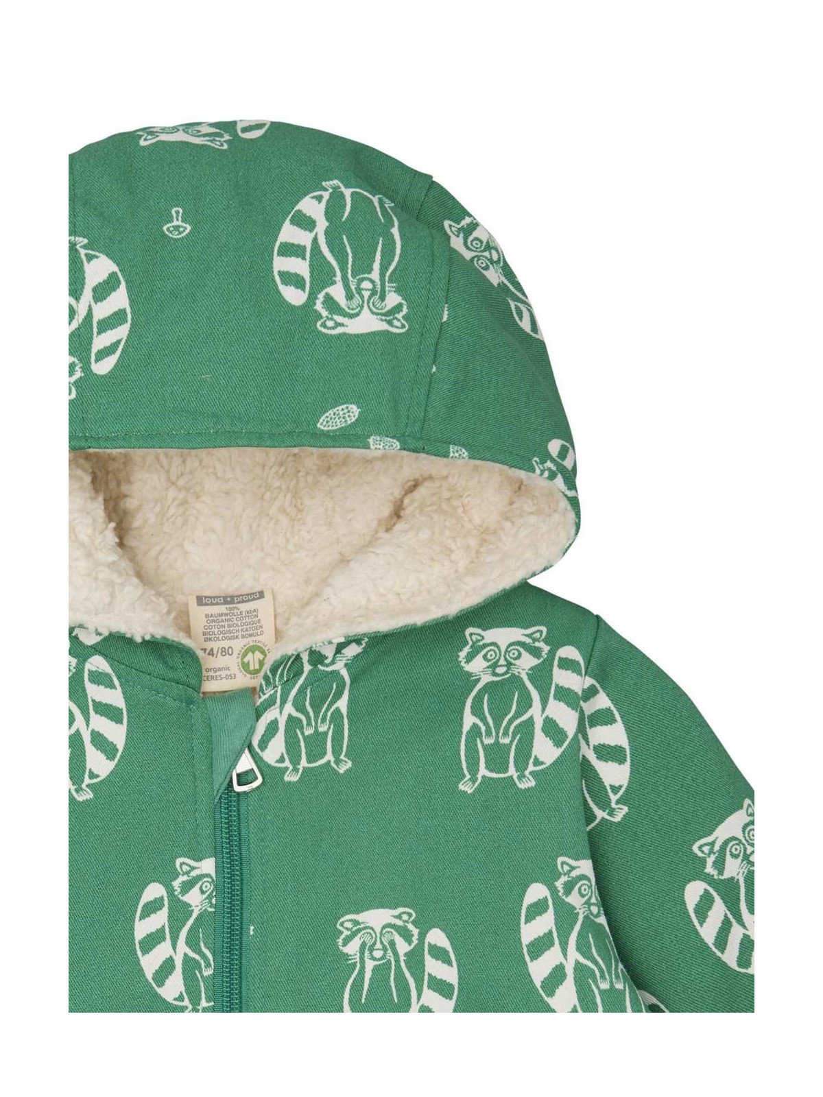 loud + proud - Bio Kinder Jacke mit Waschbär-Allover und Teddyfutter, wasserabweisend, plant