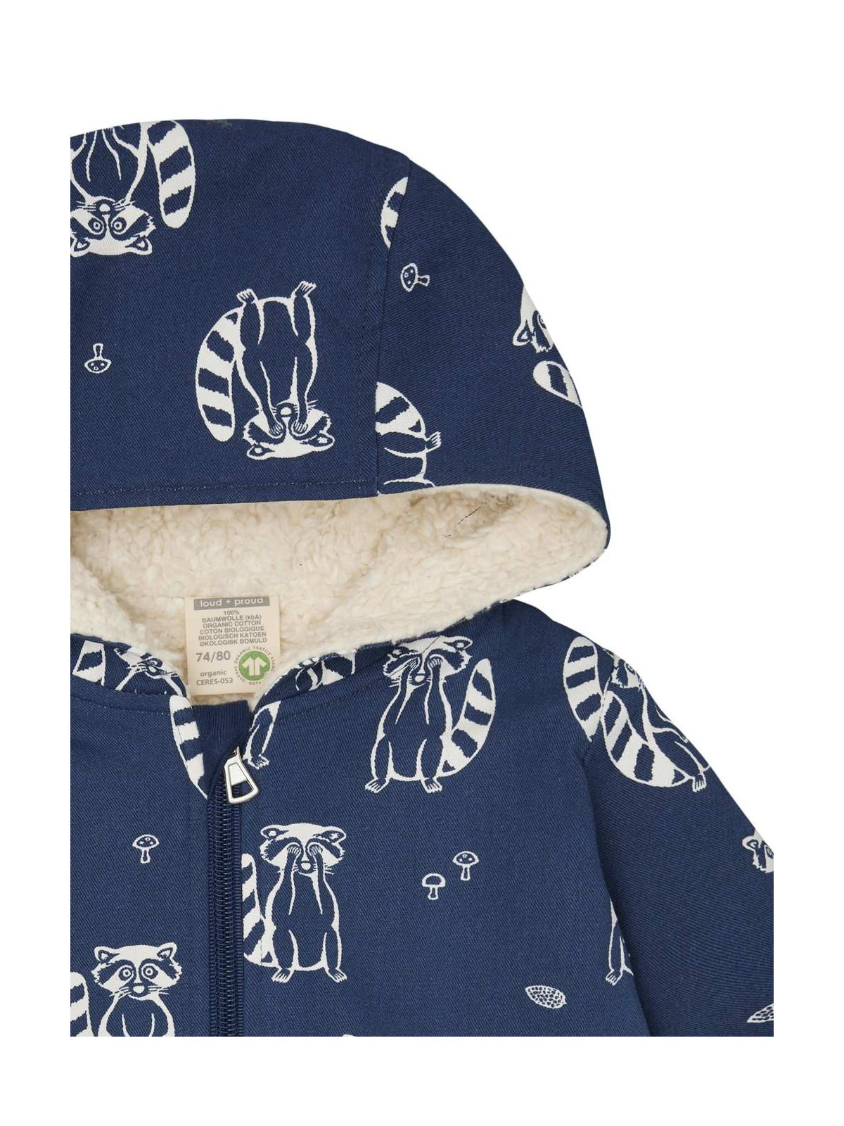 loud + proud - Bio Kinder Jacke mit Waschbär-Allover und Teddyfutter, wasserabweisend, ultramarine