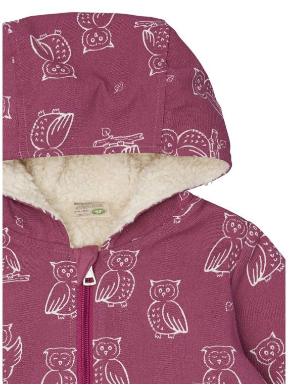 loud + proud - Bio Kinder Jacke mit Eulen-Allover und Teddyfutter, wasserabweisend, rosa
