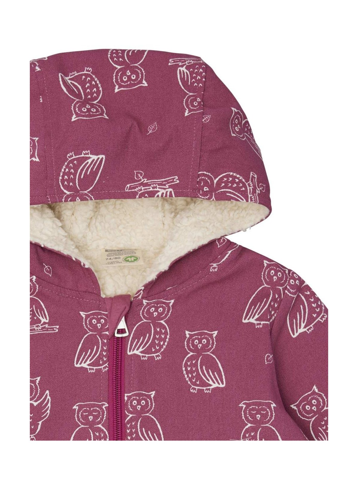 loud + proud - Bio Kinder Jacke mit Eulen-Allover und Teddyfutter, wasserabweisend, rosa