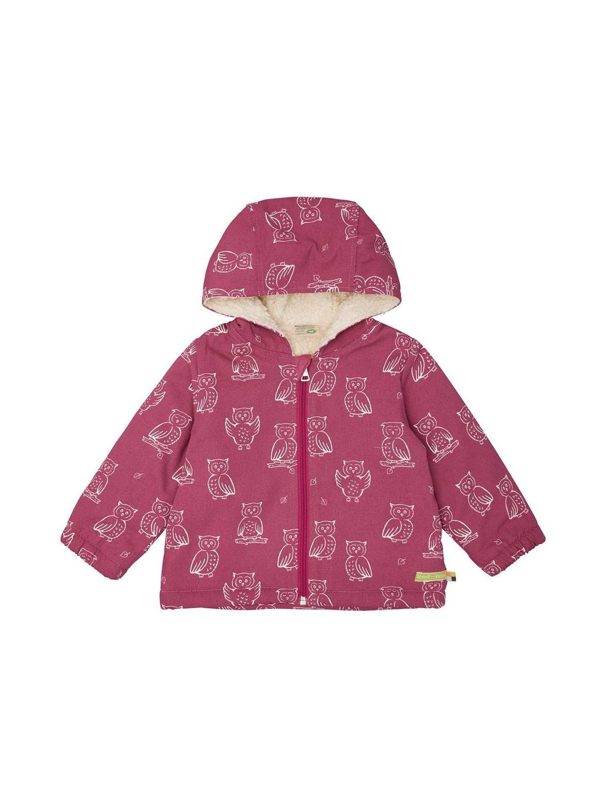 loud + proud - Bio Kinder Jacke mit Eulen-Allover und Teddyfutter, wasserabweisend, rosa