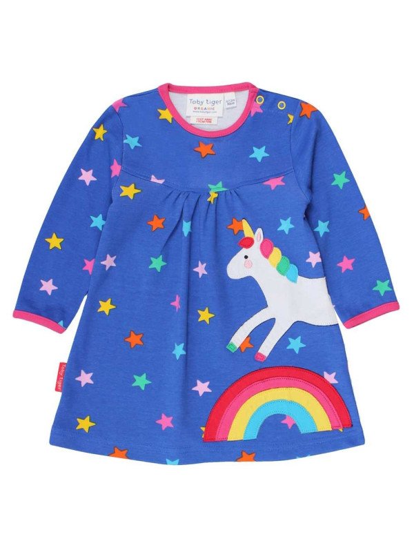 Toby tiger - Bio Kinder Kleid mit Einhorn-Applikation, Regenbogen und Sternen