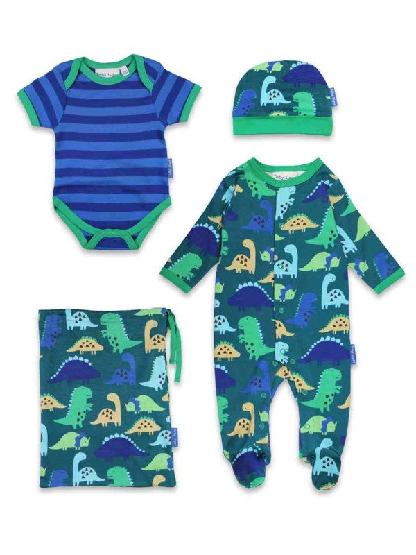 Toby tiger - Bio Baby Set Strampler, Body und Mütze mit Dinosaurier-Motiv