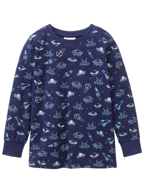People Wear Organic - Bio Kinder Schlafanzug mit Raumschiff-Allover