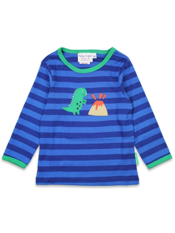 Toby tiger - Bio Kinder Langarmshirt mit Dinosaurier/Vulkan-Applikation und Streifen