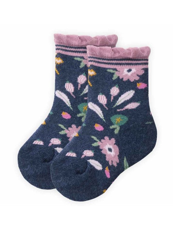 People Wear Organic - Bio Kinder Frottee Strümpfe Doppelpack mit Blumen-Allover/uni