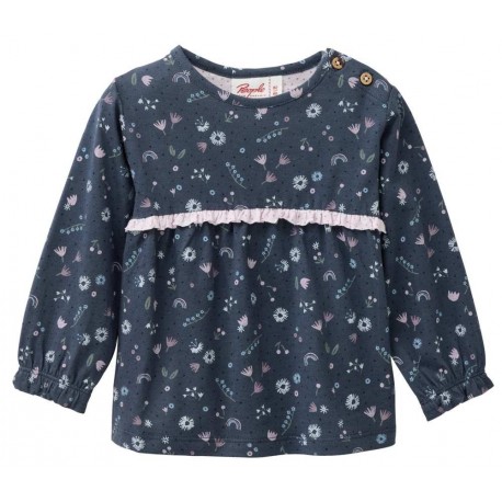 People Wear Organic - Bio Baby Langarmshirt mit Rüsche und Blumen-Allover, blau