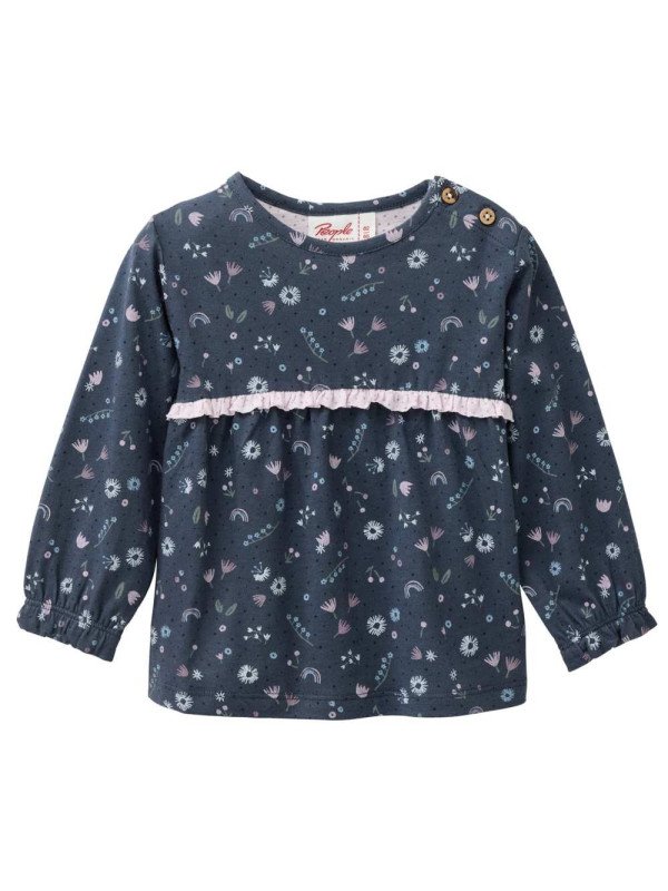 People Wear Organic - Bio Baby Langarmshirt mit Rüsche und Blumen-Allover, blau