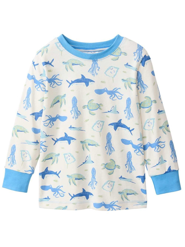 People Wear Organic - Bio Kinder Schlafanzug mit Meerestiere-Allover und Streifen
