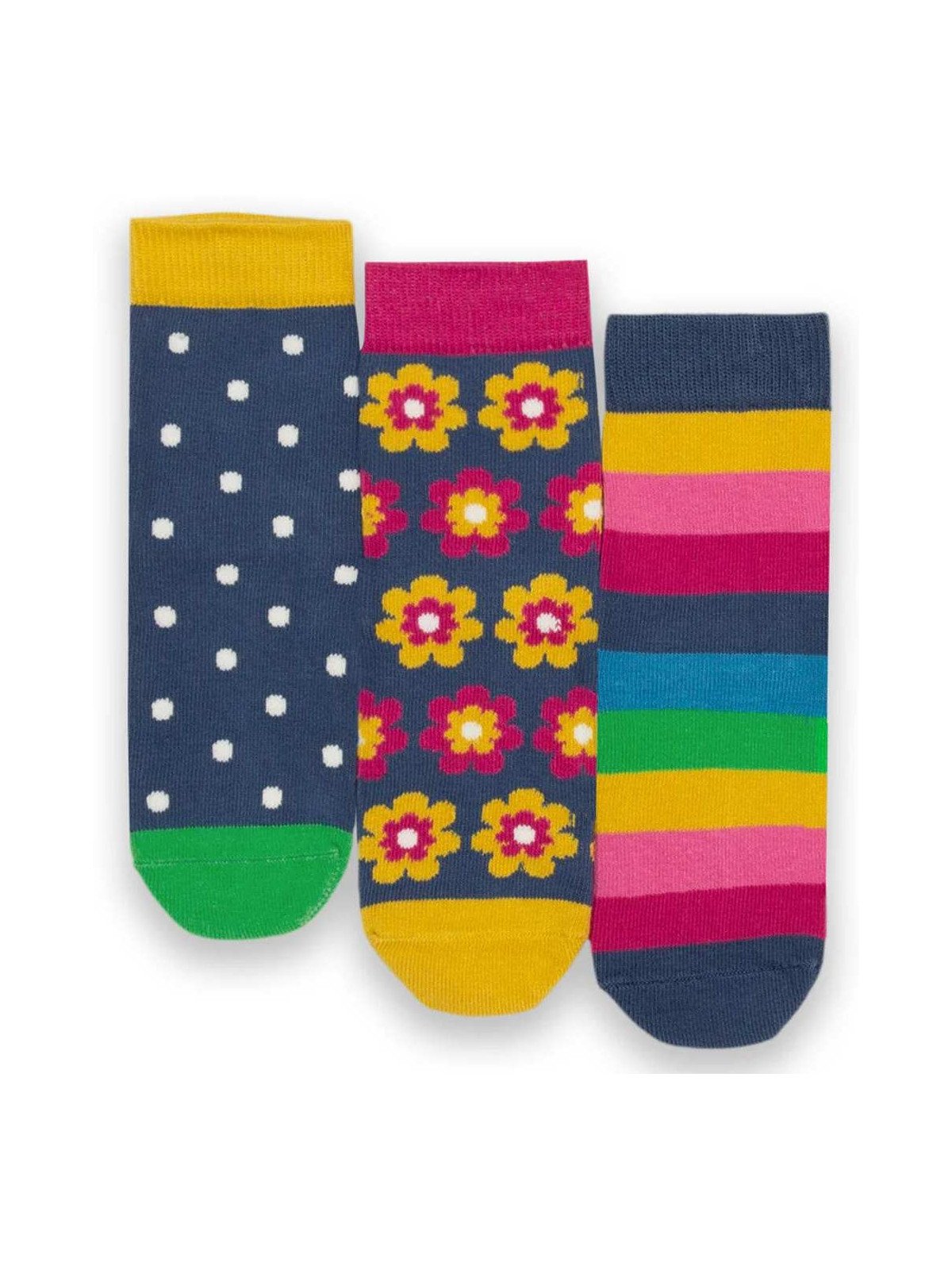 kite kids - Bio Kinder Strümpfe 3er Pack mit Blumen/Punkten/Streifen-Motiv