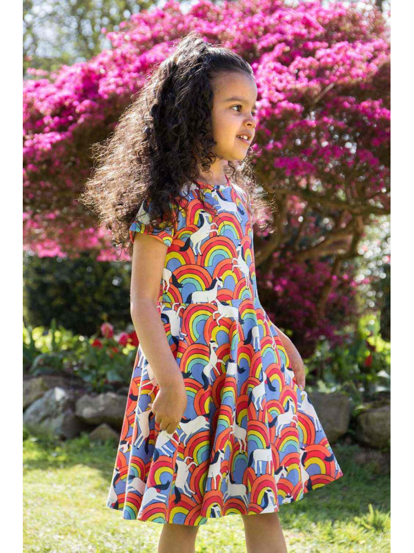 frugi - Bio Kinder Jersey Kleid kurzarm "Spring" mit Regenbogen/Pferde-Allover