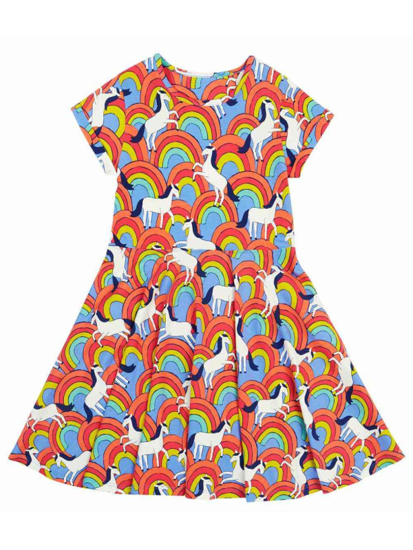 frugi - Bio Kinder Jersey Kleid kurzarm "Spring" mit Regenbogen/Pferde-Allover