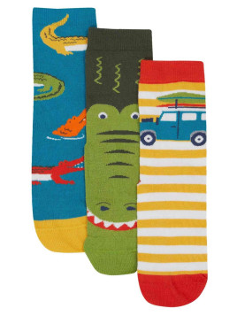 frugi - Bio Kinder Strümpfe 3er-Pack "Rock my Socks" mit Krokodilen und Auto