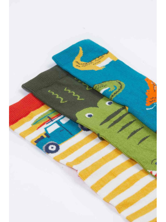 frugi - Bio Kinder Strümpfe 3er-Pack "Rock my Socks" mit Krokodilen und Auto