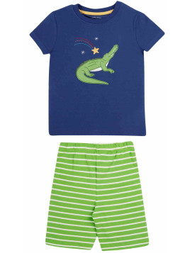 frugi - Bio Kinder Schlafanzug kurzarm "Porth" mit Krokodil-Applikation und Streifen