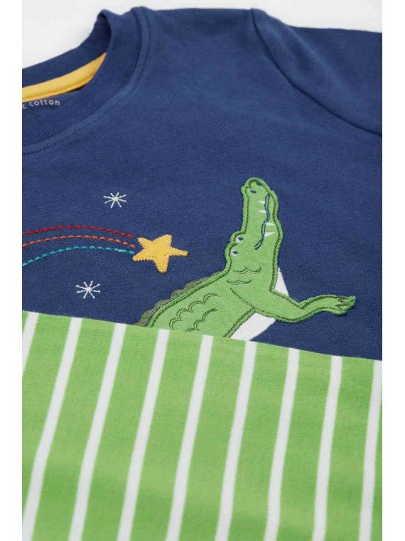 frugi - Bio Kinder Schlafanzug kurzarm "Porth" mit Krokodil-Applikation und Streifen