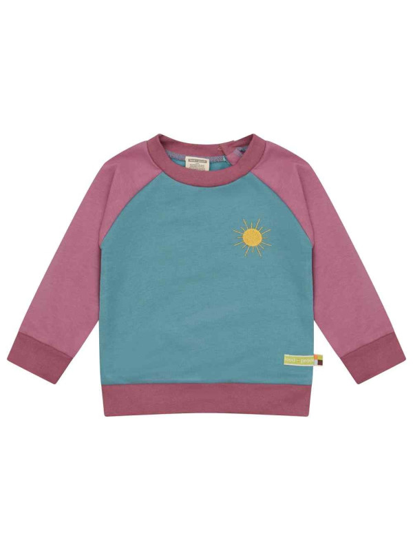 loud + proud - Bio Kinder Sweatshirt zweifarbig mit Sonnenstickerei, topaz/grape