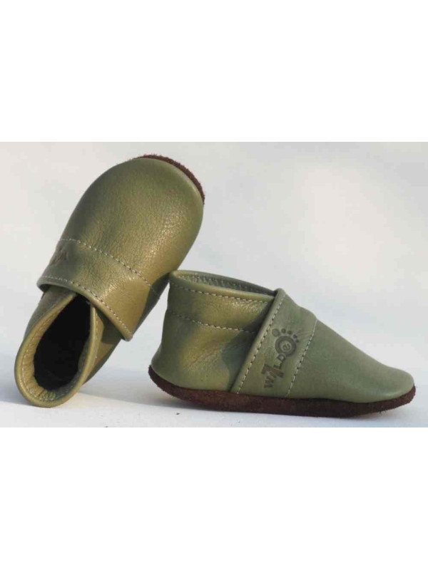Wilde 10  - Bio Baby Lederschuhe "Brownie mit Branding", olive