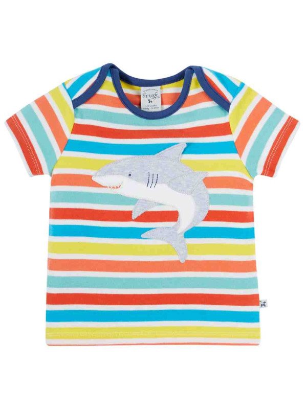 frugi - Bio Kinder T-Shirt "Frugi-Bobster" mit Hai-Applikation und Streifen